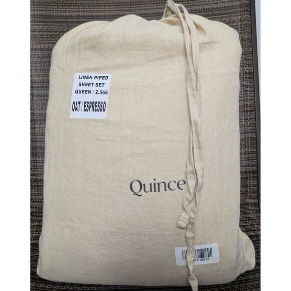 Quince 100% European Linen Piped Sheet 4PC Set Oat/Espresso Size Queen -NEW- - Picture 1 of 9